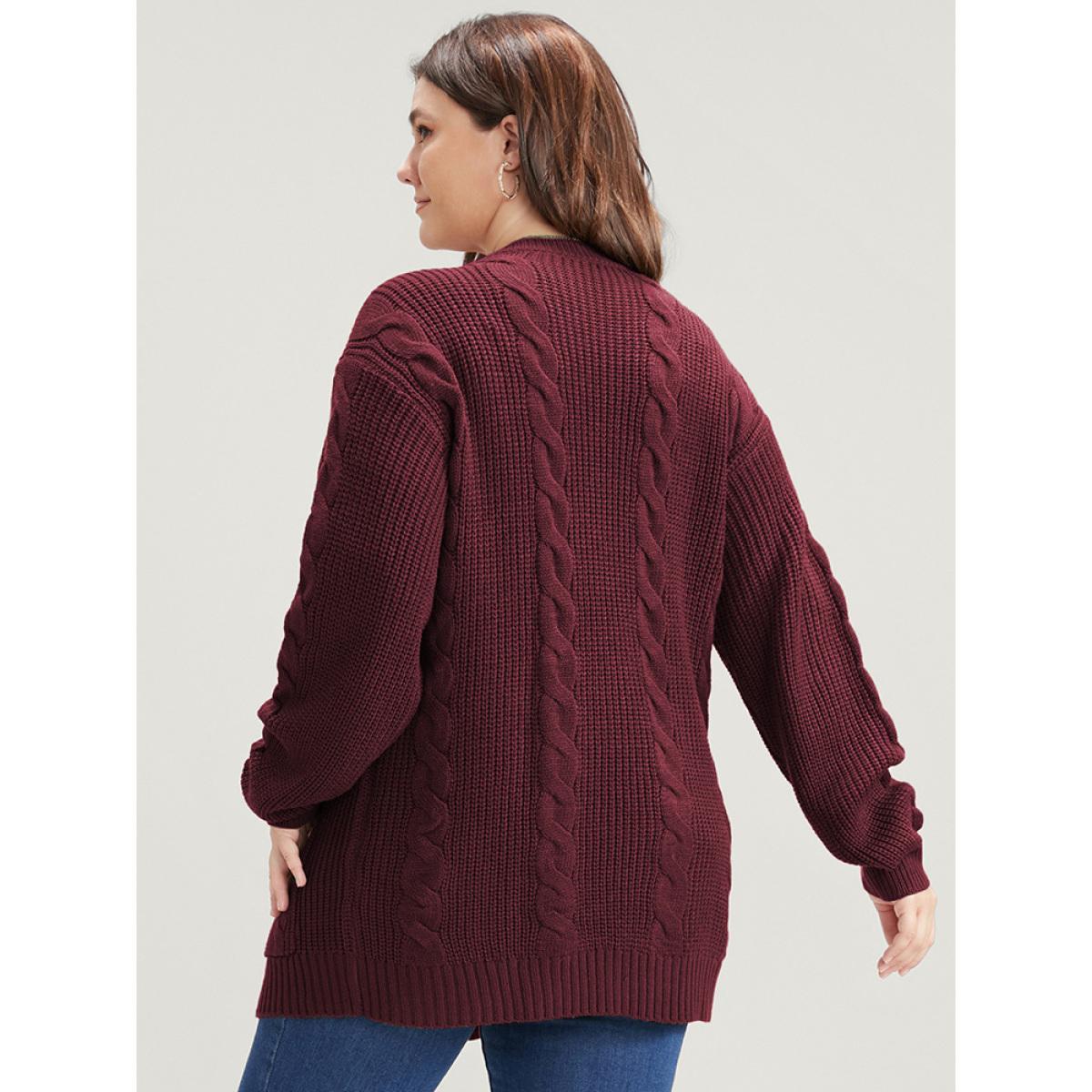 Plus Size Solid Pointelle Knit Cable Knit Button Front Cardigan Rust Women Casual Loose Long Sleeve Work Cardigans BloomChic 12/L Product Image