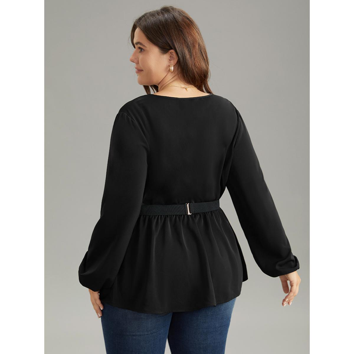 Plus Size Black Solid Wrap Flutters Style Accents Belted Blouse Women Office Long Sleeve V-neck Work Blouses BloomChic 12/L Product Image