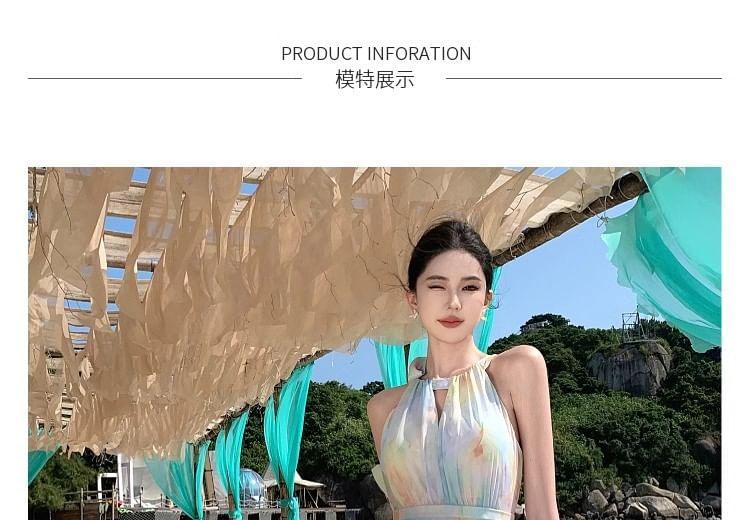 Halter Neck Sleeveless Tie Dye Midi A-Line Dress Product Image