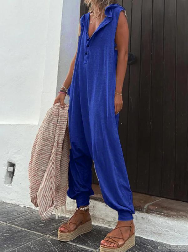 Hooded Loose Buttoned Solid Color V-neck Jumpsuits Product Image