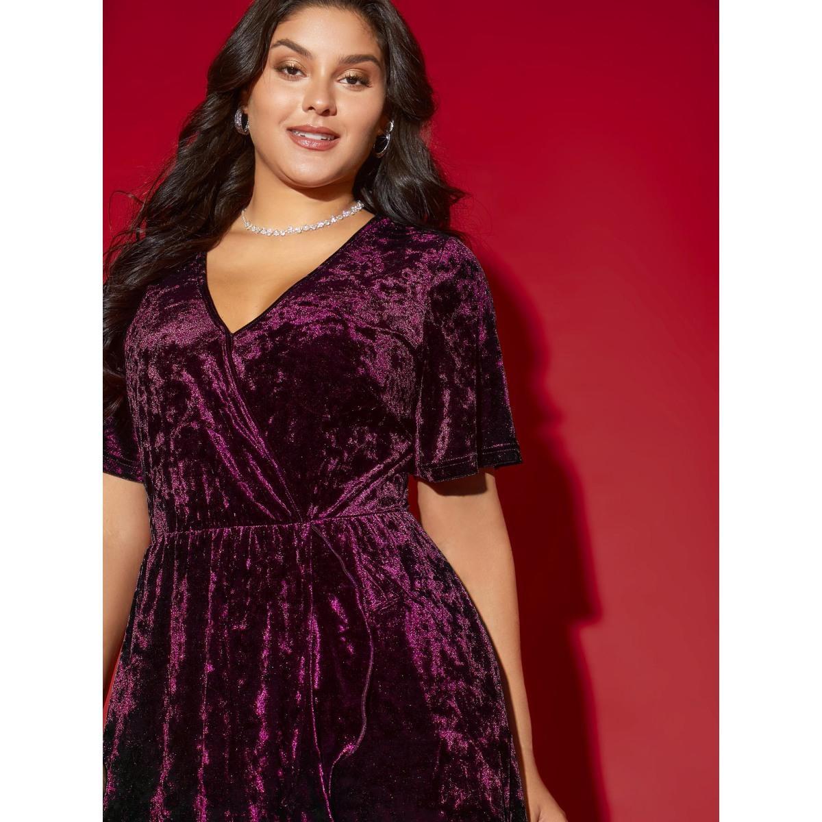 Plus Size Velvet Surplice Neckline Ruffle Sleeves Midi Dress Deeppurplered Women Formal Texture Overlap Collar Short sleeve Curvy BloomChic 30/6X Product Image