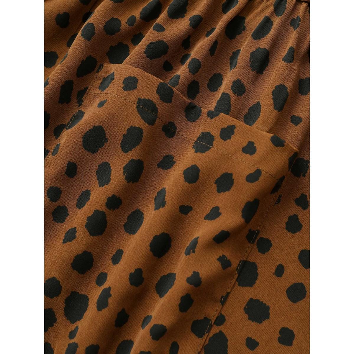 Plus Size Leopard Elastic Waist Pocket Button Detail Dress Chocolate Women Work From Home Non V-neck Elbow-length sleeve Curvy Midi Dress BloomChic 18-20/2X Product Image