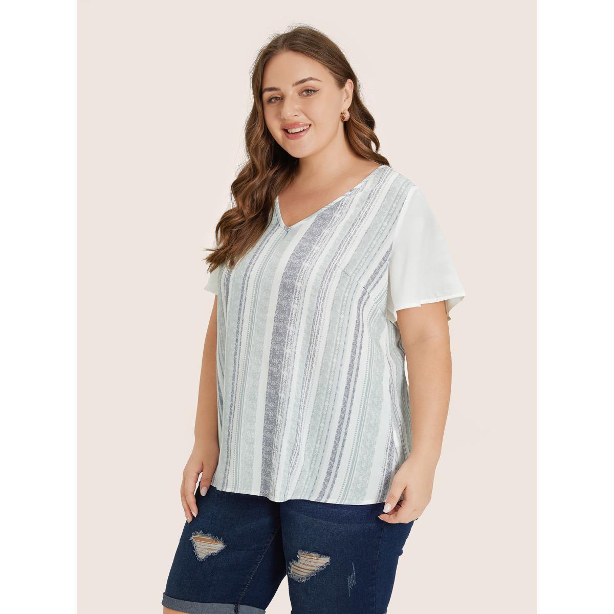 Plus Size Gray Striped Contrast Patchwork Ruffle Sleeve Blouse Women Resort Short sleeve V-neck Vacation Blouses BloomChic 30/6X Product Image