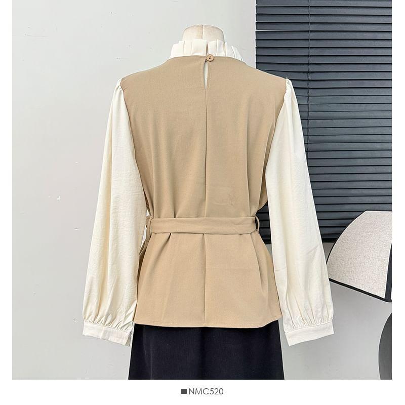Colorblock Mock Two-Piece Loose Blouse with Sash Product Image