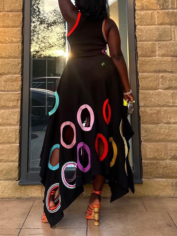 A-Line High Waisted Contrast Color Hollow Round-Neck Maxi Dresses Product Image