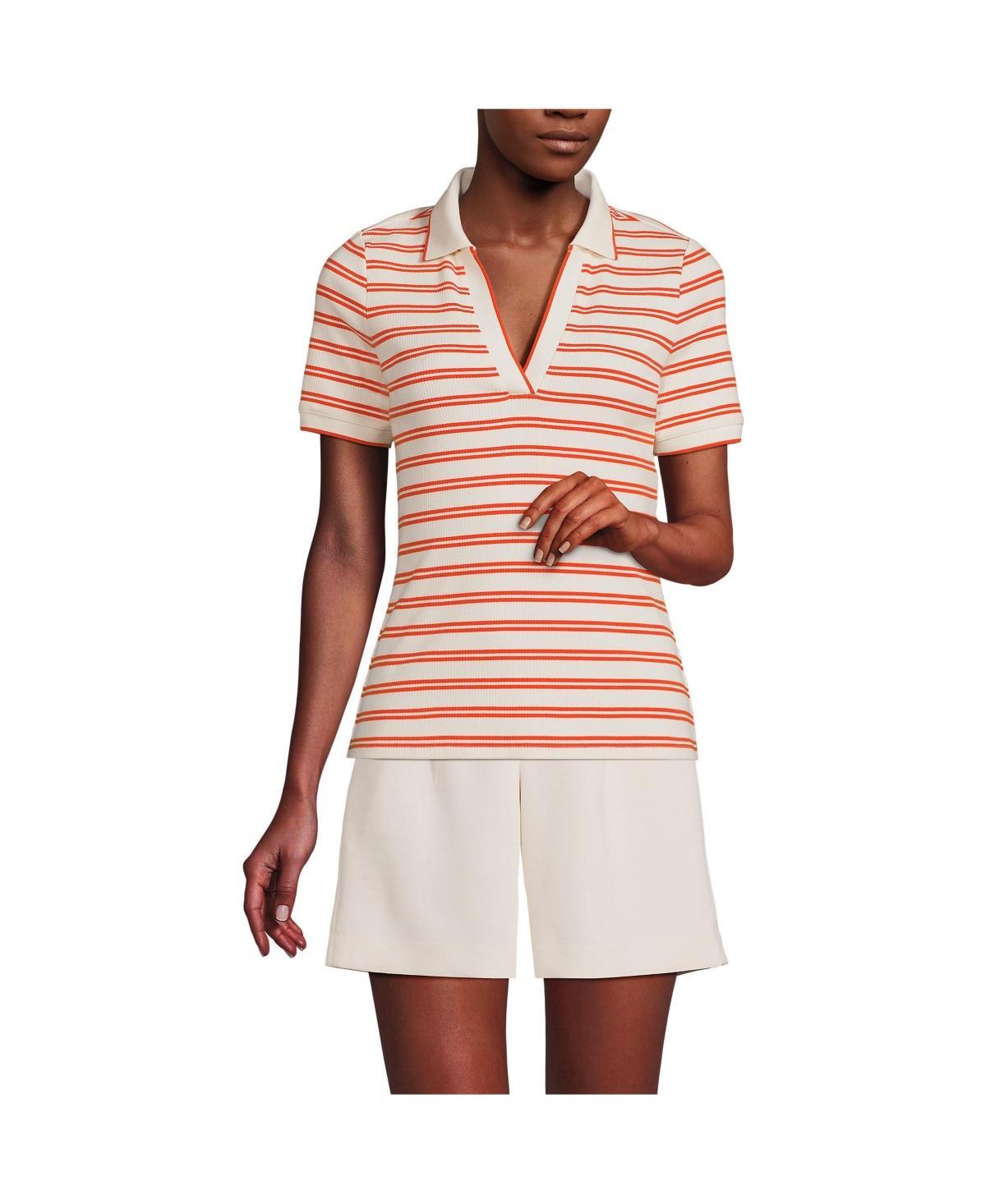 Women's Lands' End V-Neck Short Sleeve Polo, Size: Large, Ivory Dual Stripe Product Image