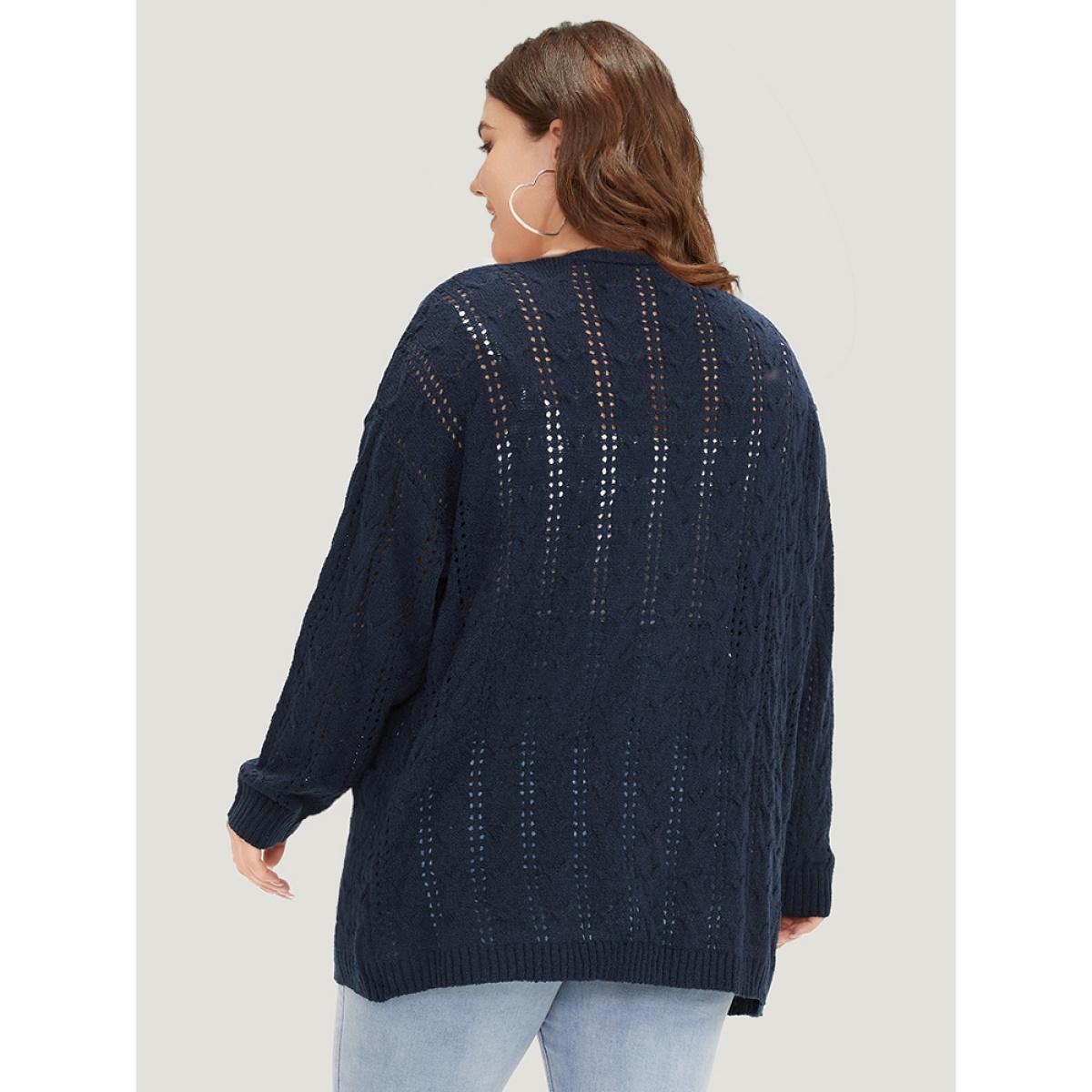 Plus Size Plain Eyelet Curved Hem Drop Shoulder Cardigan Indigo Women Casual Loose Long Sleeve Everyday Cardigans BloomChic 12/L Product Image