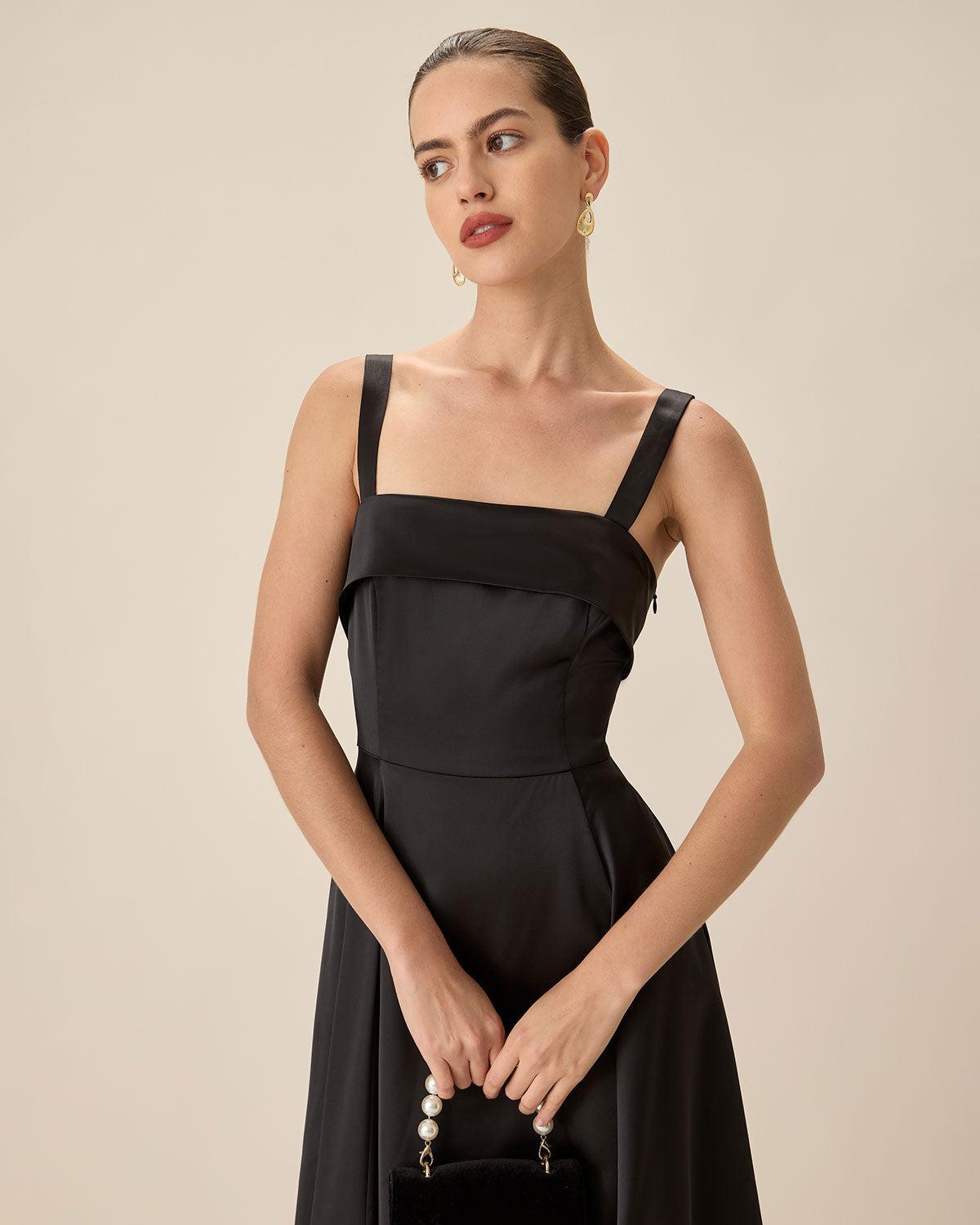 Black Satin Slip Midi Dress Product Image