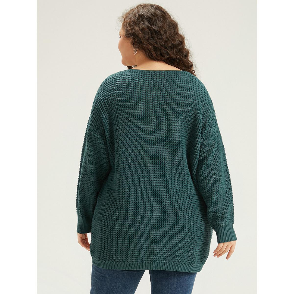 Plus Size Cable Knit Plain Elastic Cuffs Pullover Cyan Women Casual Loose Long Sleeve V-neck Dailywear Pullovers BloomChic 26/4X Product Image