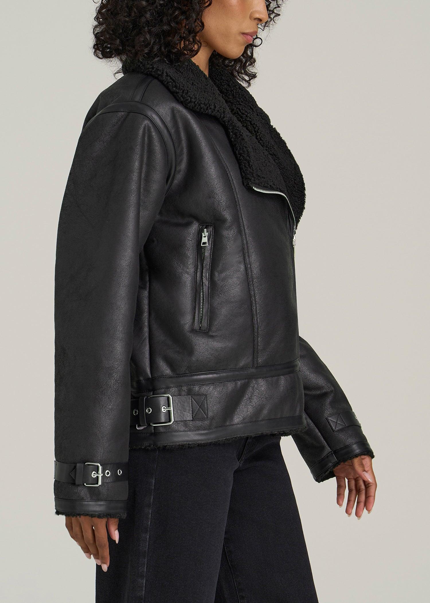 Shearling Moto Jacket for Tall Women in Black Product Image
