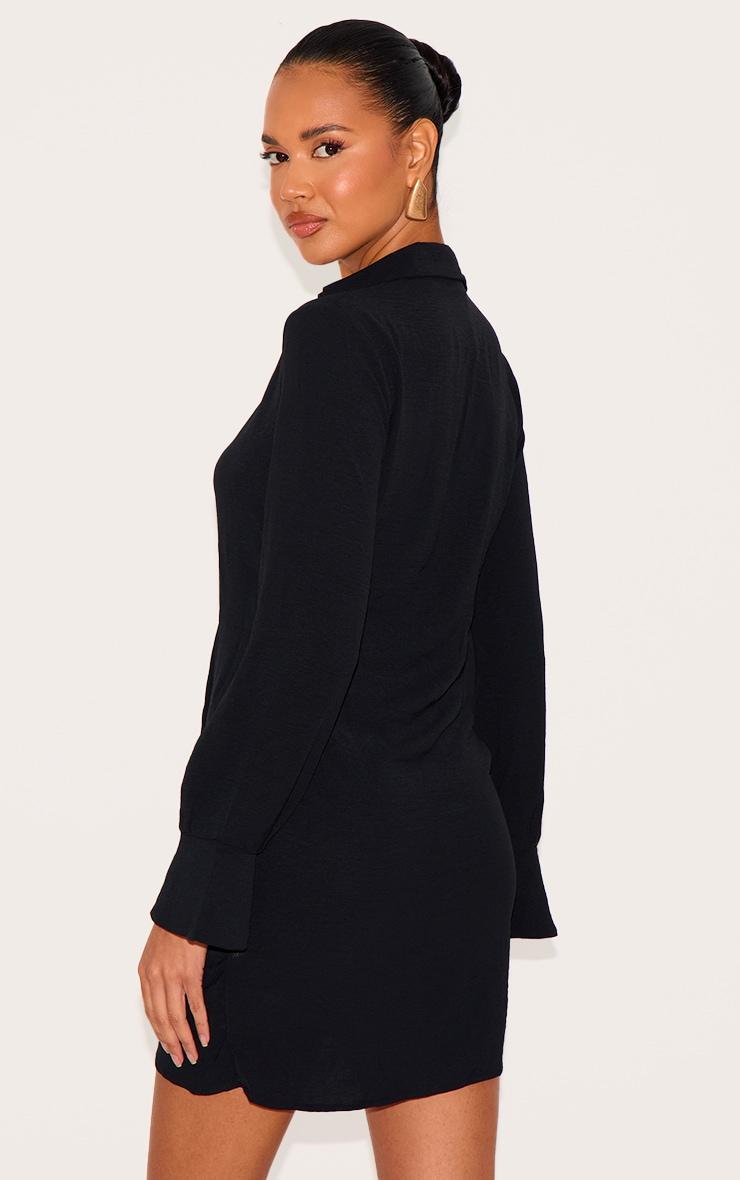 Black Textured Woven Extreme Plunge Bell Cuff Shirt Dress Product Image