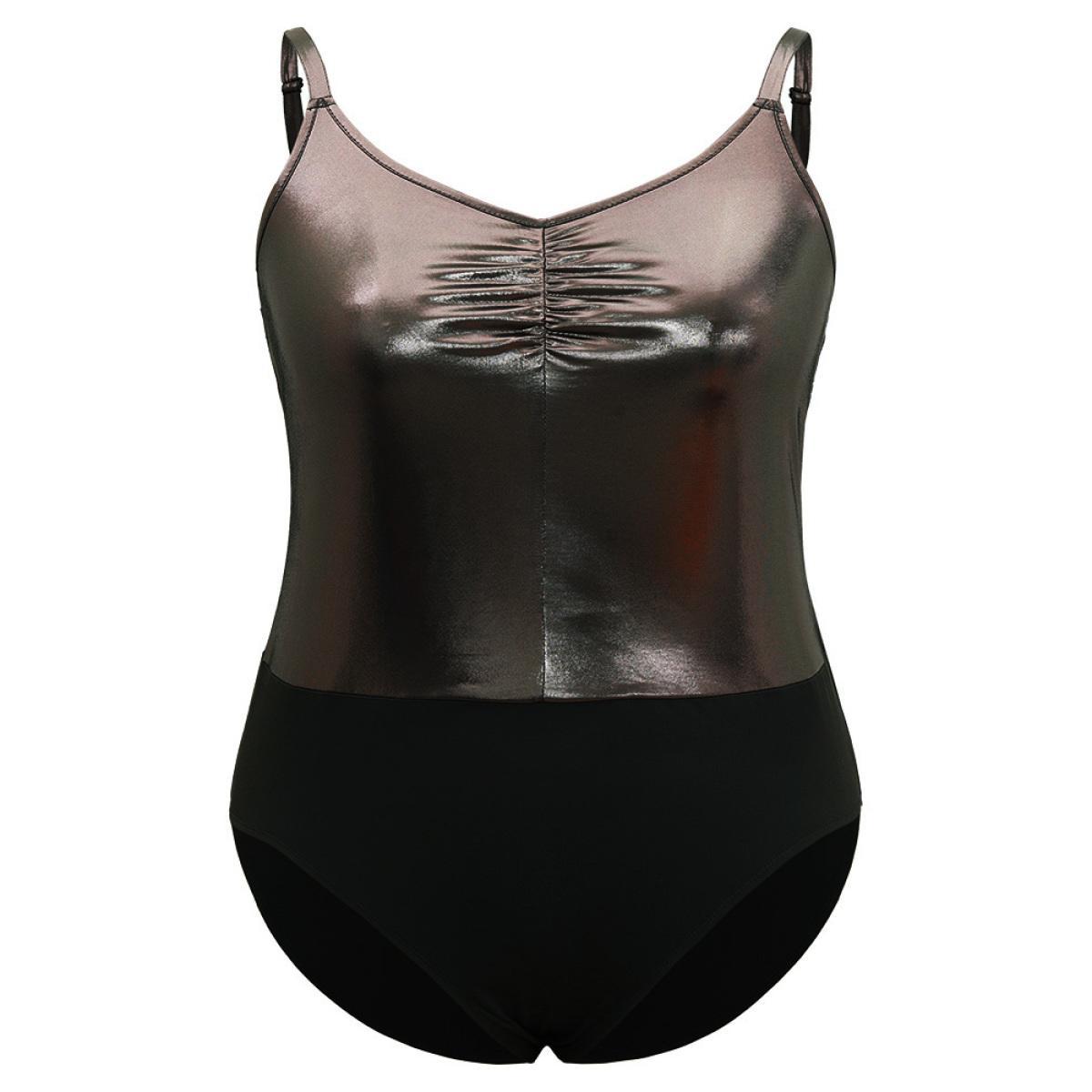 Plus Size Solid Patchwork Ruched Adjustable Straps Bodysuit Women Black Plain Gathered Bodysuits BloomChic 28/5X Product Image