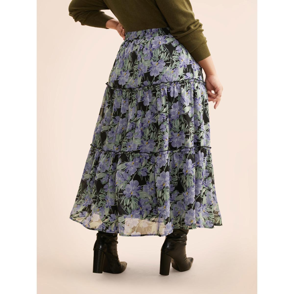Plus Size Floral Ruffle Layered Hem Skirt Women BlackFlower Elegant No stretch Slanted pocket Everyday Skirts BloomChic 22-24/3X Product Image