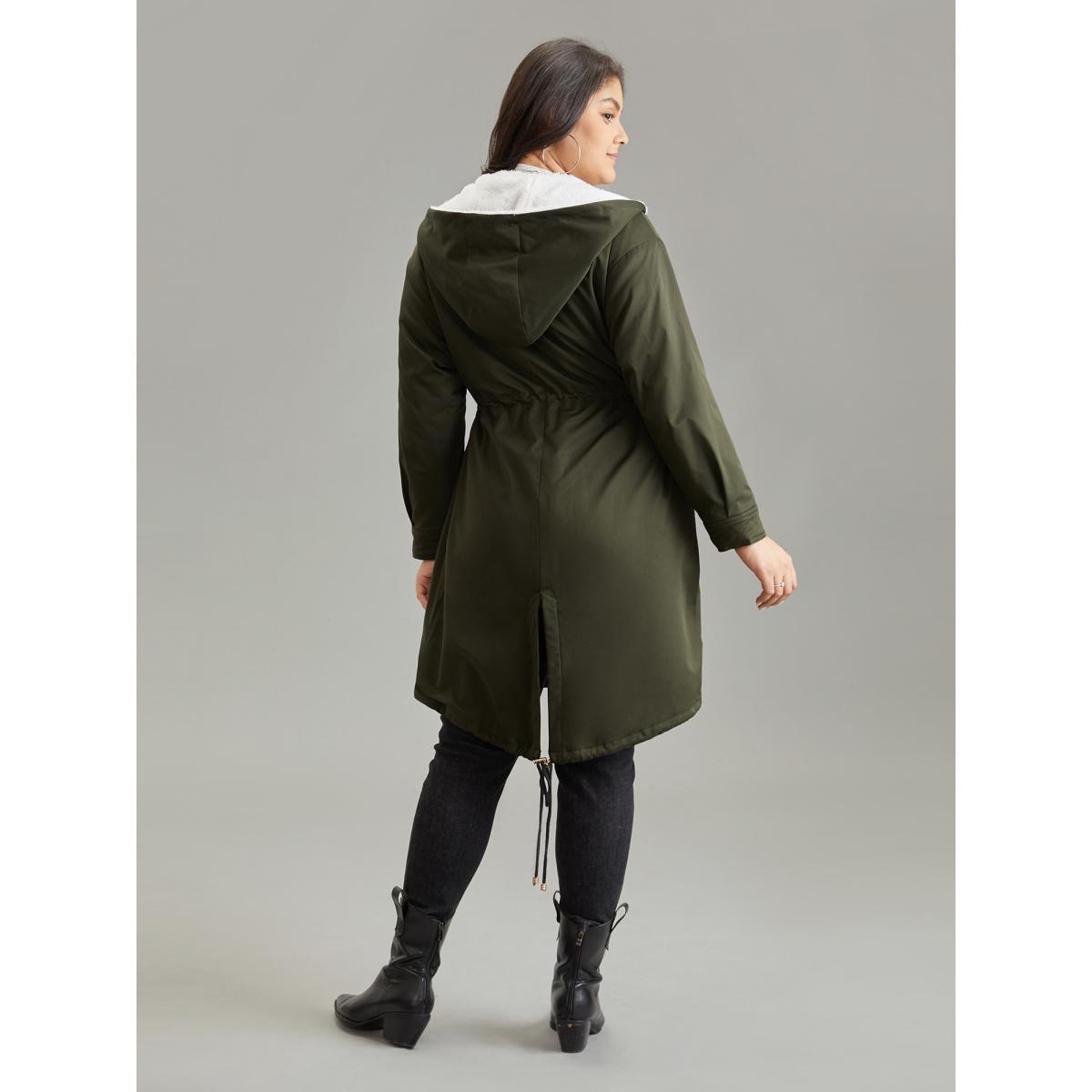Plus Size Patchwork Fuzzy PU Leather Drawstring Coat Women ArmyGreen Casual Contrast Ladies Dailywear Winter Coats BloomChic 14-16/1X Product Image