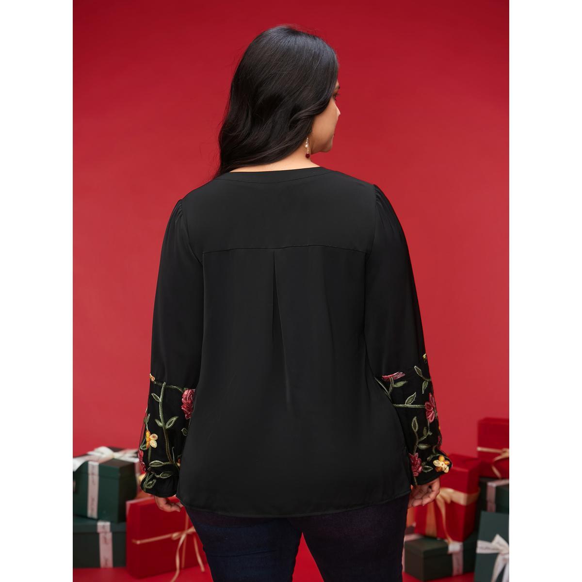Plus Size Black Mesh Floral Embroidered Sleeve Blouse Women Elegant Long Sleeve Notched collar Everyday Blouses BloomChic 14-16/1X Product Image