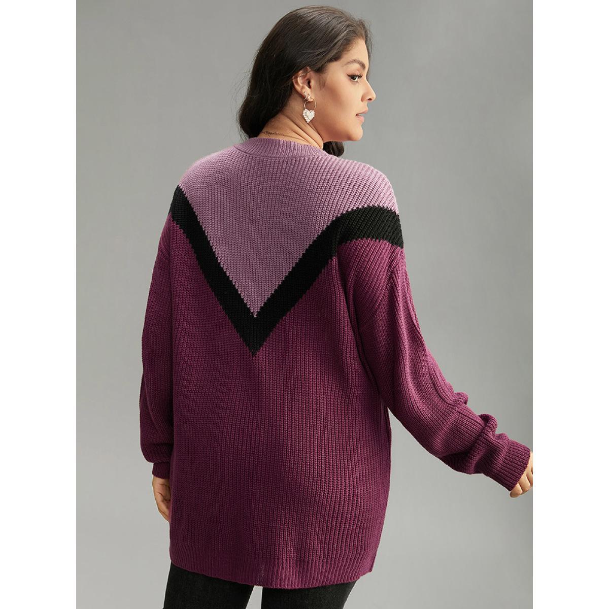 Plus Size Colorblock Contrast Drop Shoulder Loose Pullover Multicolor Women Casual Loose Long Sleeve Round Neck Dailywear Pullovers BloomChic 26/4X Product Image