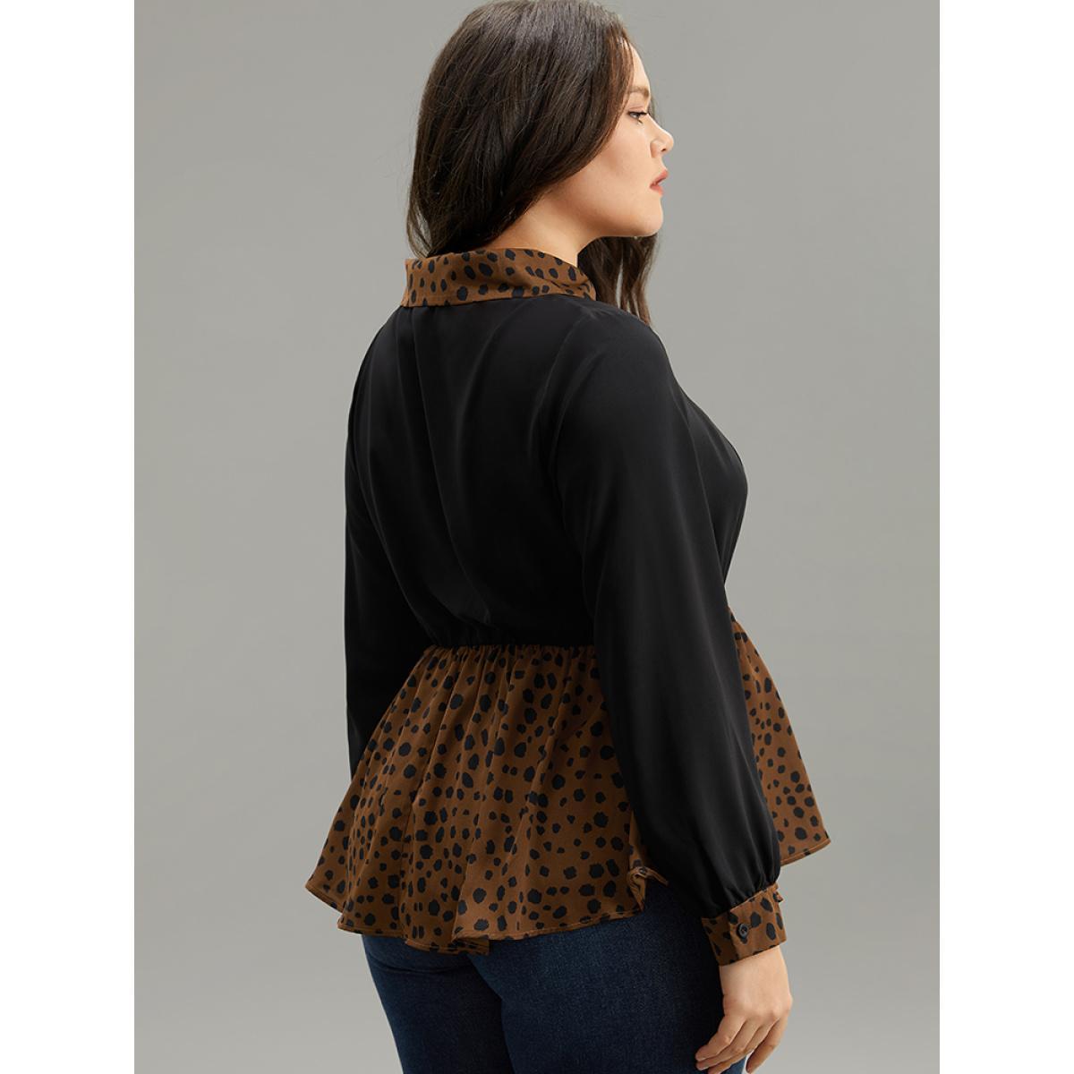 Plus Size Black Leopard Patchwork Elastic Waist Blouse Women Elegant Long Sleeve Lapel Collar Dailywear Blouses BloomChic 26/4X Product Image