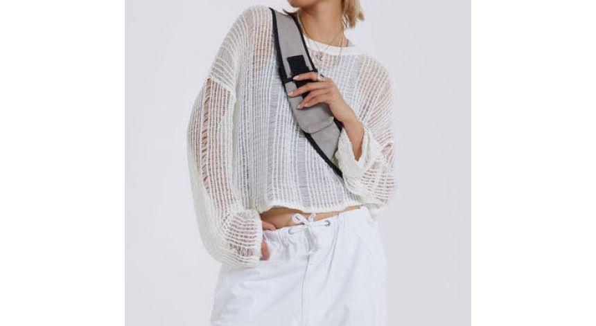 Long-Sleeve Crew Neck Plain Crop Pointelle Knit Top Product Image