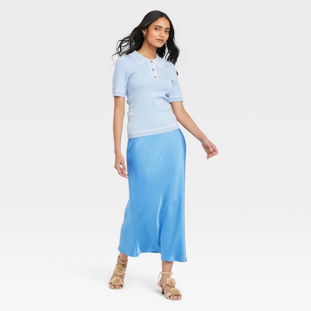 Womens Short Sleeve Polo Collar Pullover Sweater - A New Day Blue XS: Lightweight Viscose Nylon Blend Product Image