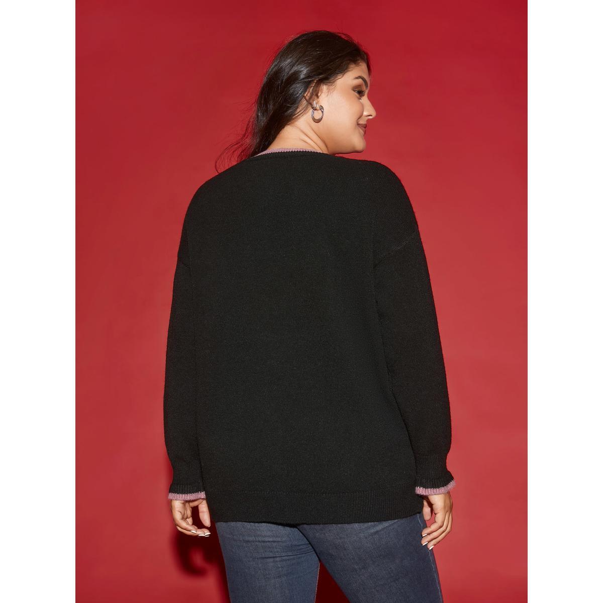 Plus Size Supersoft Essentials Sequin Embroidery Bow Detail Pullover Black Women Casual Loose Long Sleeve Round Neck Everyday Pullovers BloomChic 26/4X Product Image