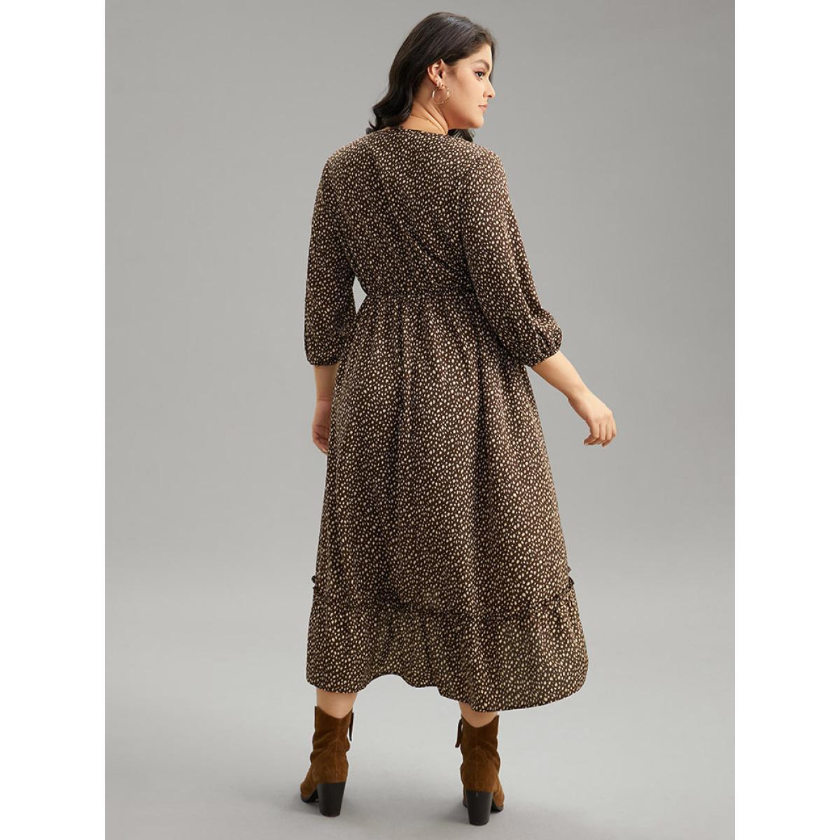 Plus Size Leopard Lantern Sleeve Ruffles Frill Trim Dress DarkBrown Women Vacation Elastic cuffs V-neck Elbow-length sleeve Curvy Midi Dress BloomChic 14-16/1X Product Image