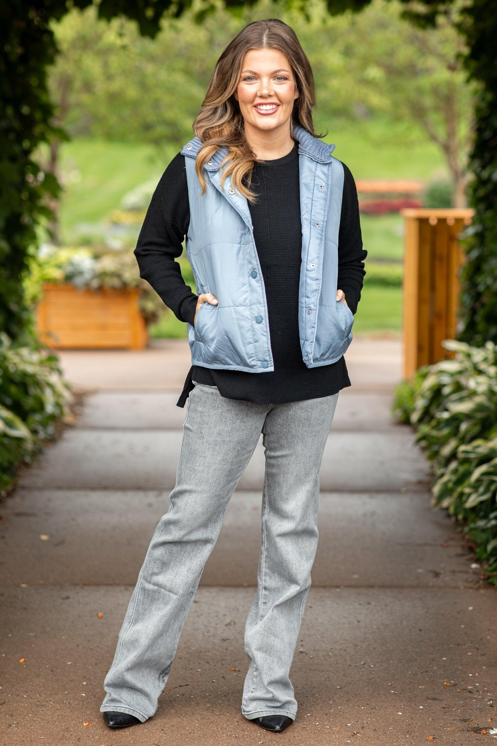 Dusty Blue Snap Front Vest With Sweater Back Product Image