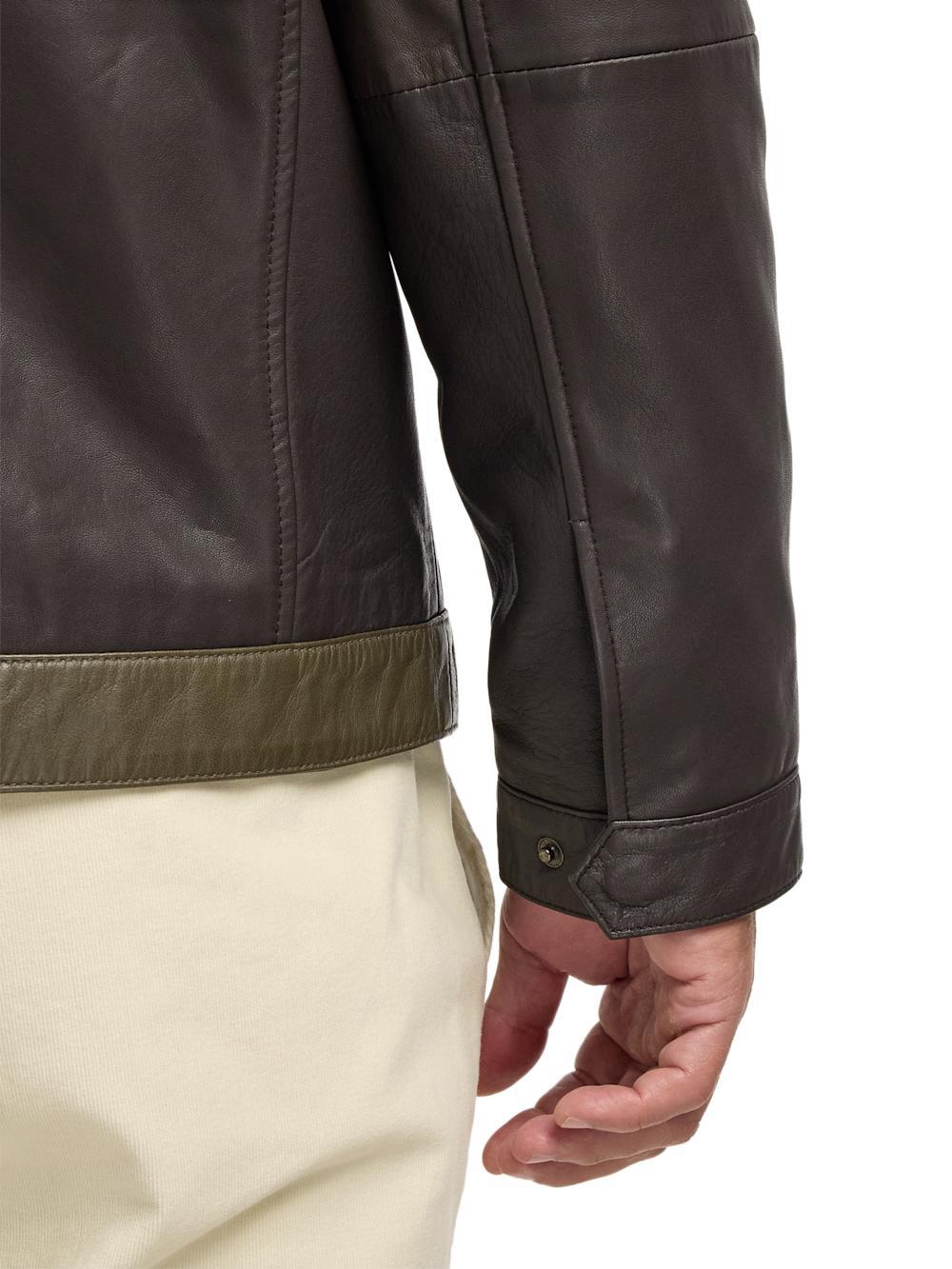 Leather Color Block Jacket - Dark Brown/olive Product Image
