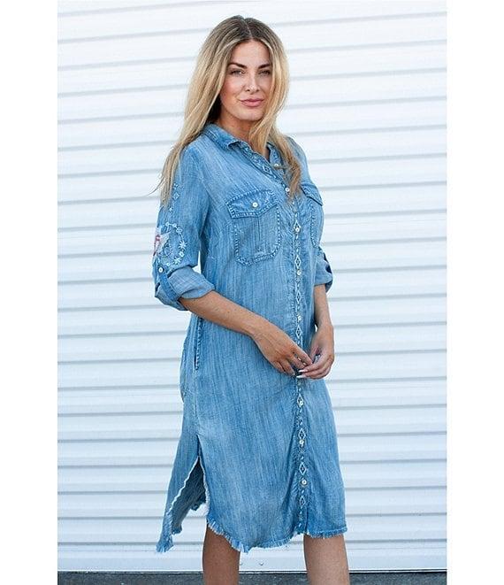Karyn Seo Isa Floral Embroidered Spread Collar Roll-Tab Long Sleeve Button Front Midi Shirt Dress Product Image
