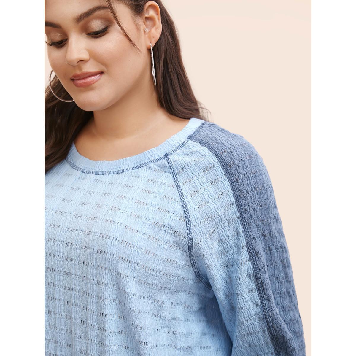 Plus Size Contrast Patchwork Texture Raglan Sleeve T-shirt LightBlue Women Casual Texture Round Neck Everyday T-shirts BloomChic 28/5X Product Image