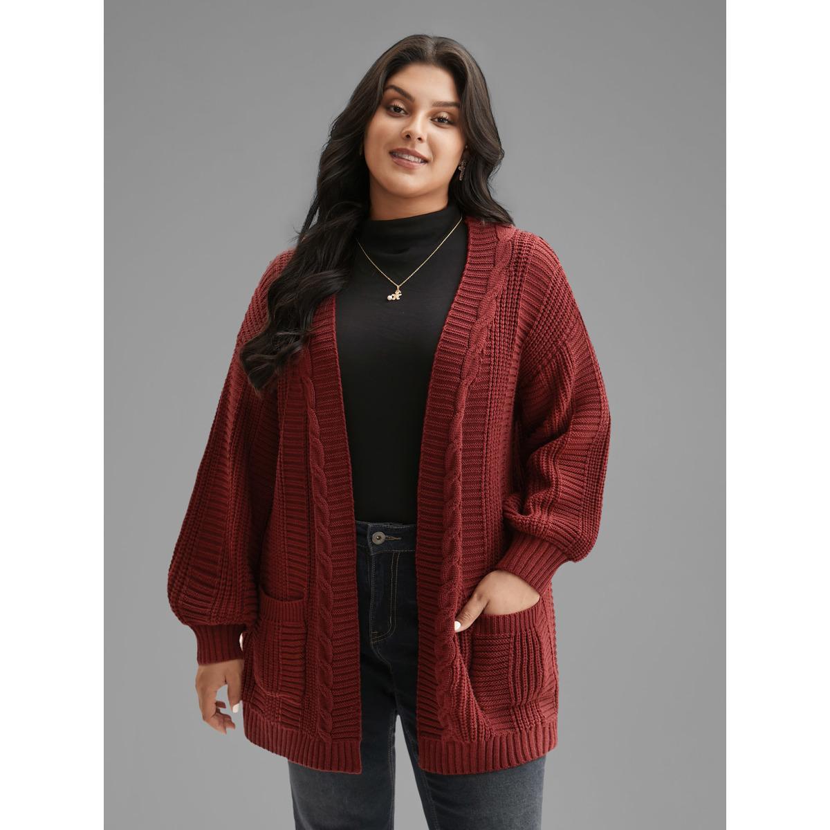 Plus Size Cable Knit Ribbed Detailing Open Front Cardigan Deepred Women Casual Loose Long Sleeve Everyday Cardigans BloomChic 22-24/3X Product Image