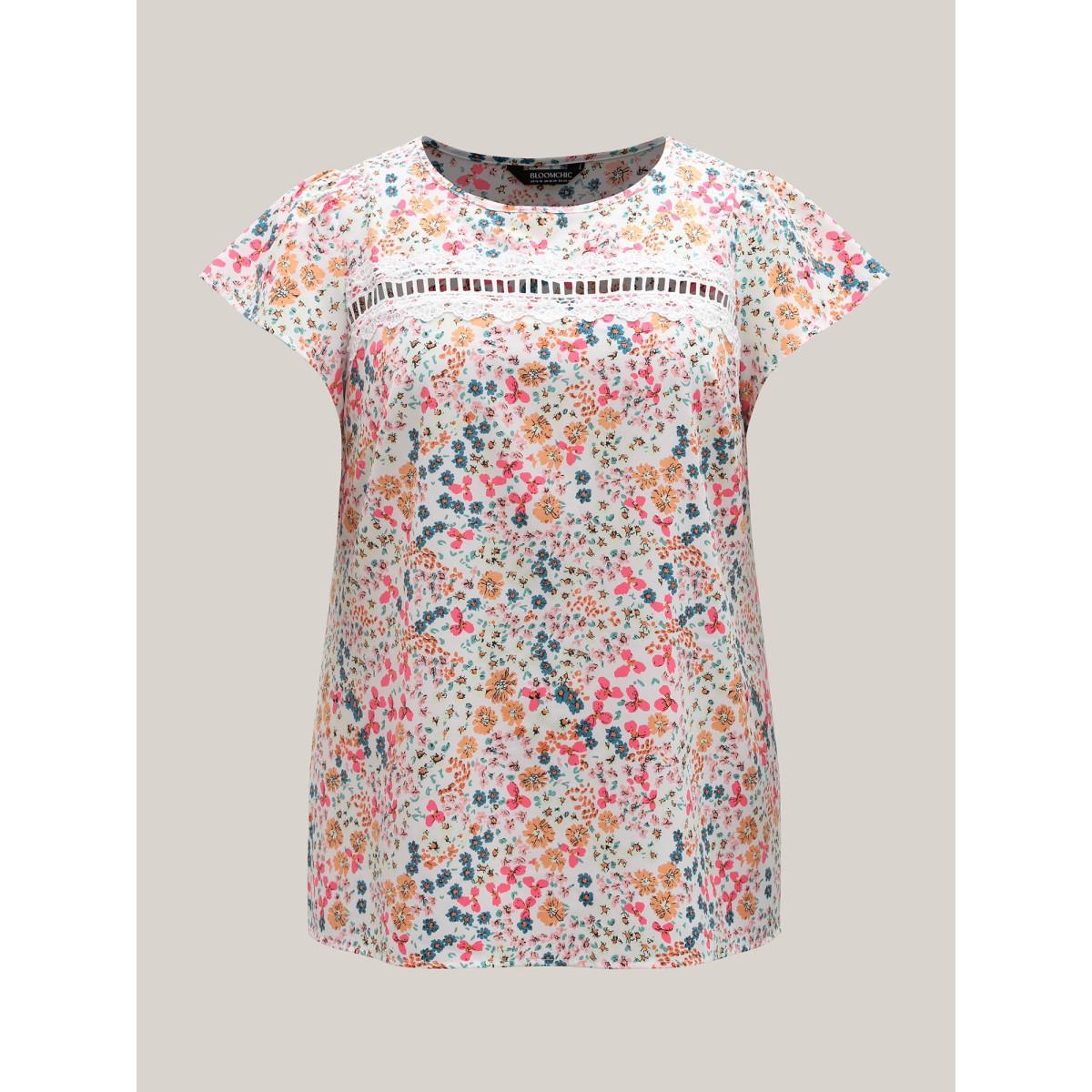 Plus Size WhiteSmoke Multi-Color Floral Print Lace Spliced Blouse Women Elegant Cap Sleeve Round Neck Everyday Blouses BloomChic 14-16/1X Product Image