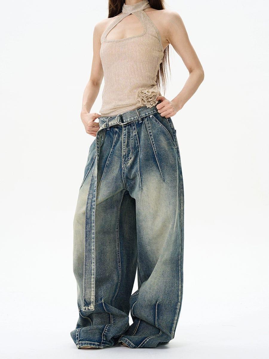 RT No. 12159 WASHED DENIM PLEATED STRAIGHT JEANS Product Image