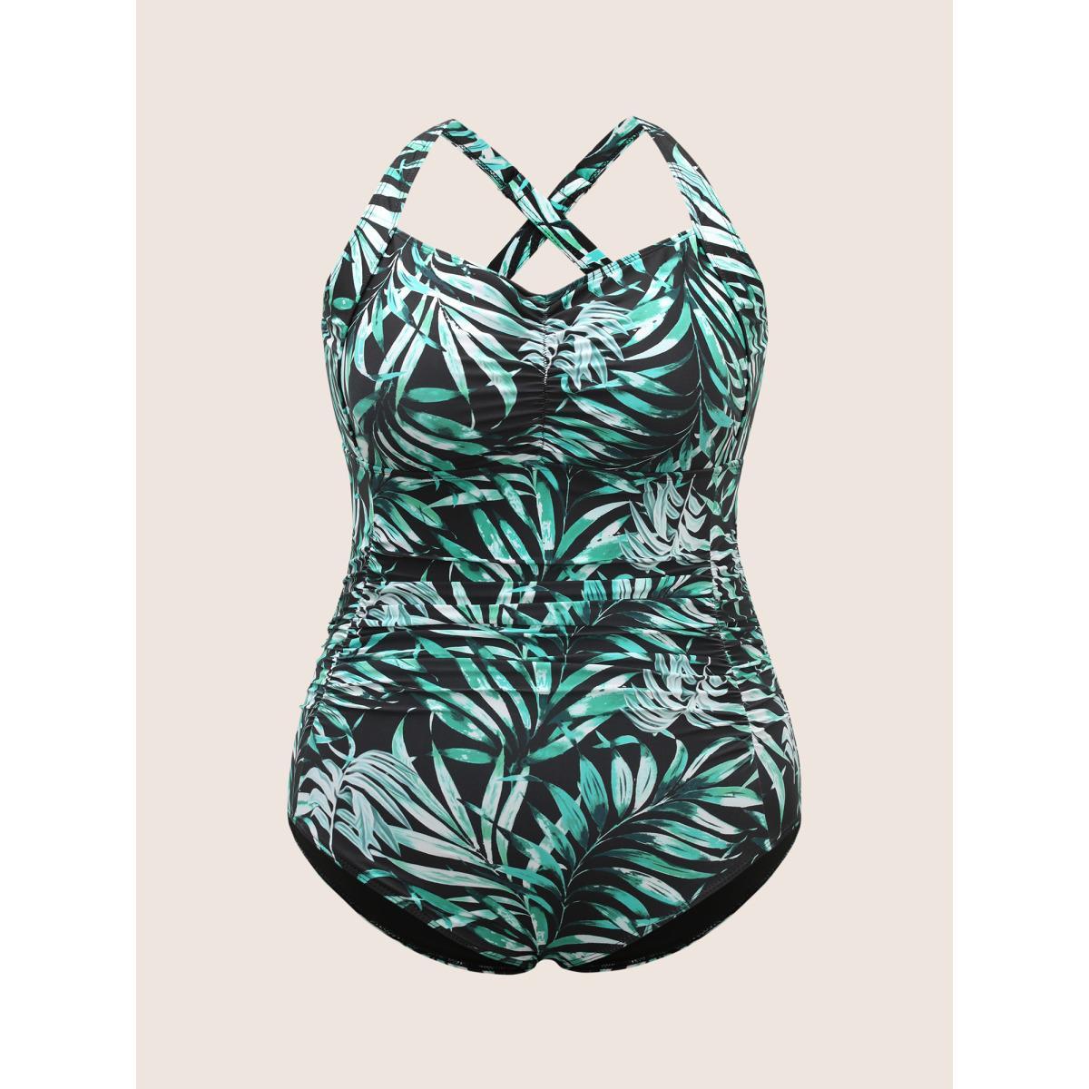 Plus Size Tropical Print Heart Neckline Ruched One Piece Swimsuit Women's Swimwear Emerald Beach Gathered Curve Bathing Suits High stretch One Pieces BloomChic 10/M Product Image