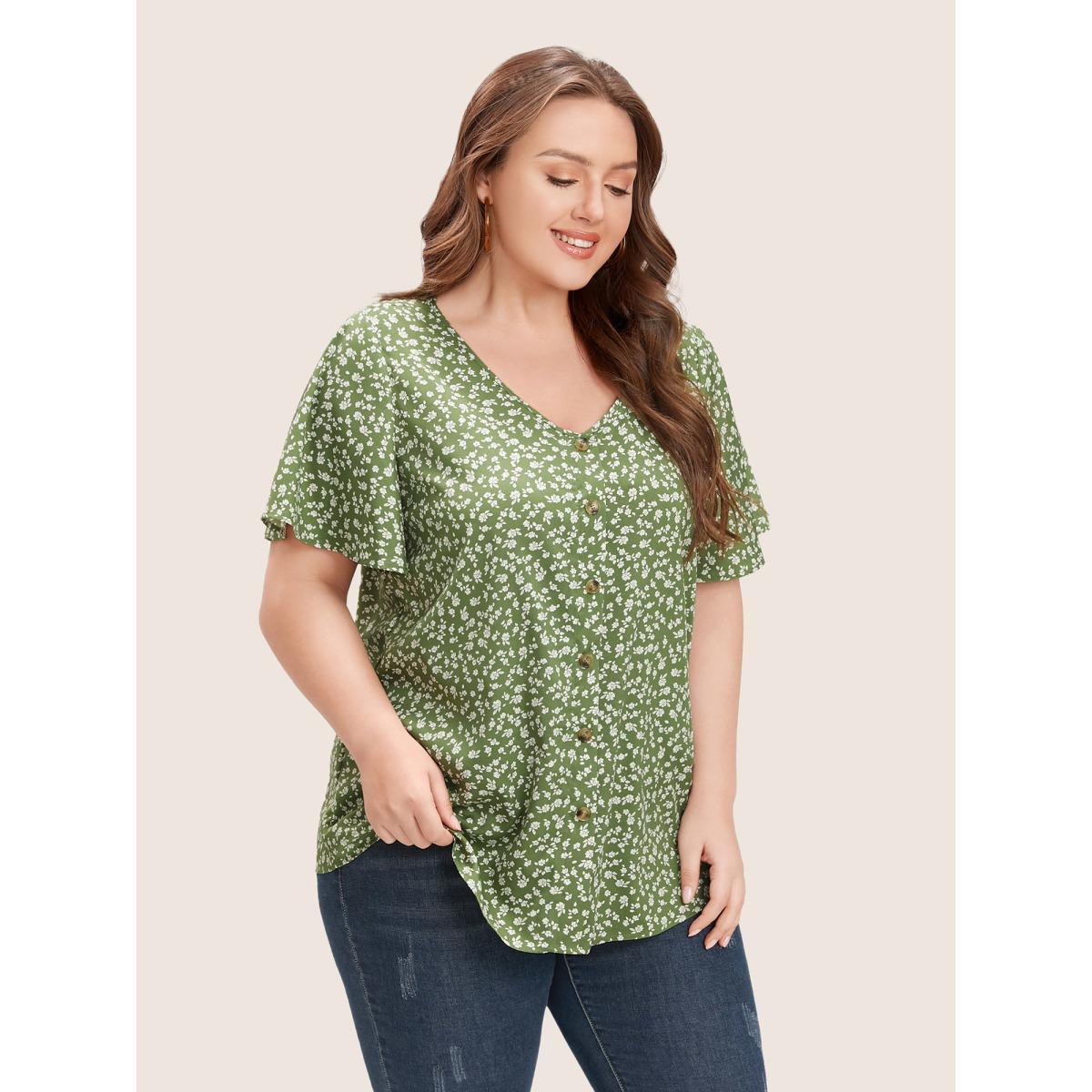 Plus Size Mint Ditsy Floral Ruffle Sleeve Button Detail Blouse Women Elegant Short sleeve V-neck Everyday Blouses BloomChic 14-16/1X Product Image
