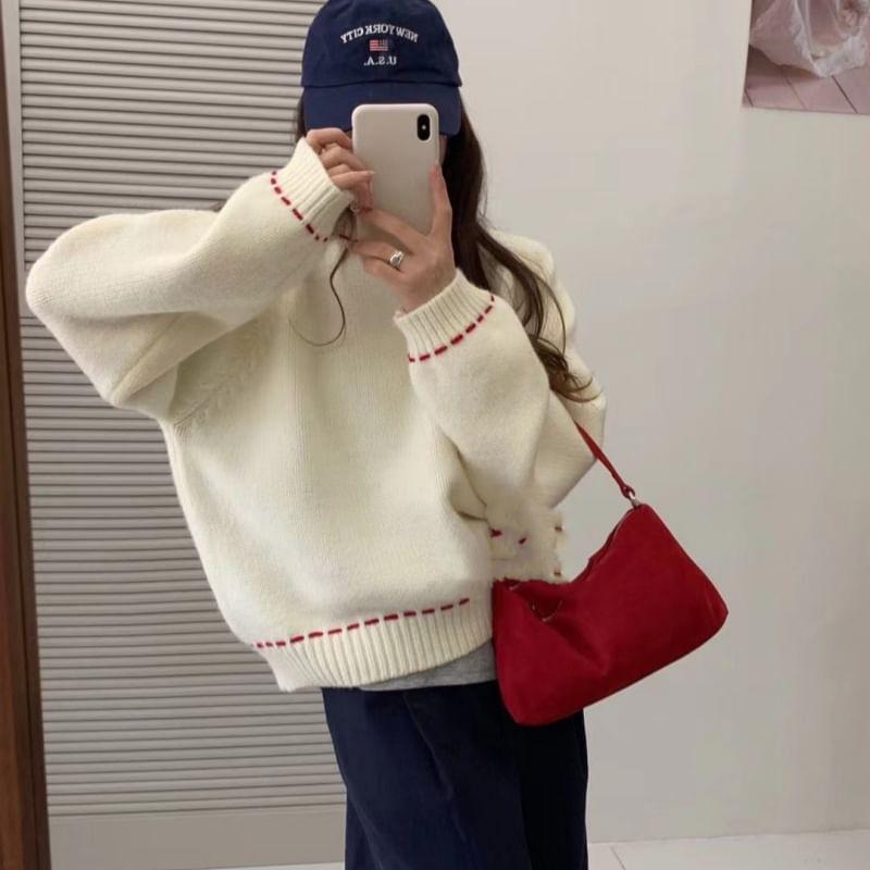 Crewneck Contrast Stitching Plain Sweater Product Image