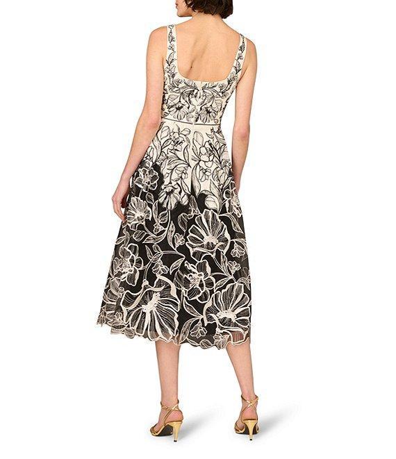 Aidan Mattox Organza Embroidered Floral Print Square Neck Sleeveless A-Line Midi Dress Product Image