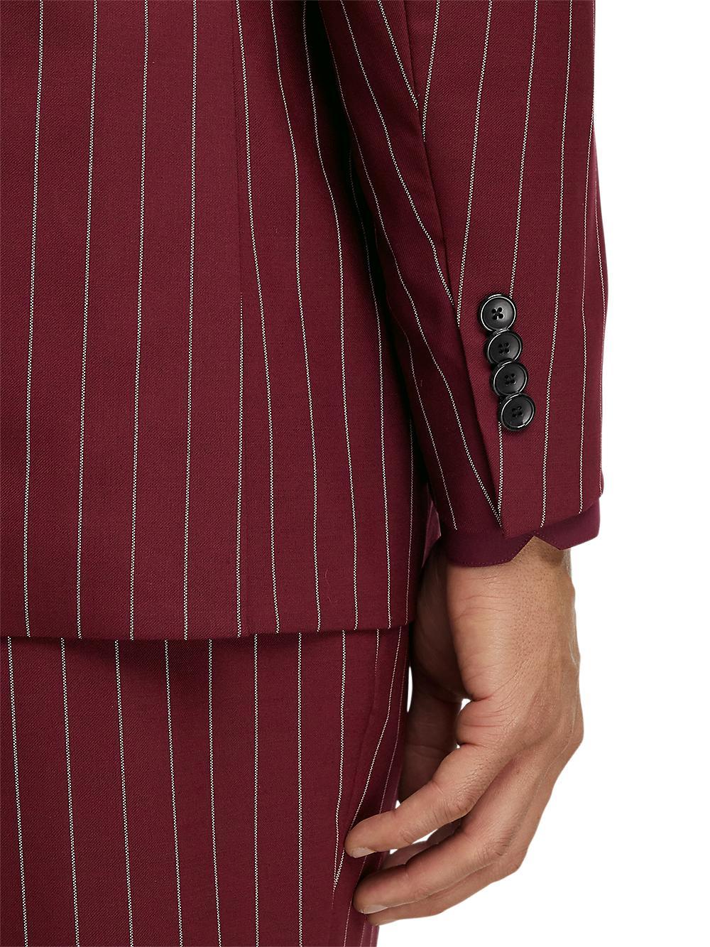 Wool Stretch Stripe Double Breasted Suit Jacket - Burgundy Product Image