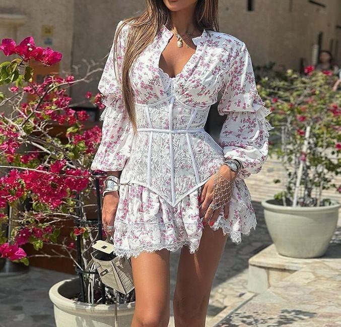 Puff Sleeve Floral Print Lace-Trim Corset Mini A-Line Dress Product Image