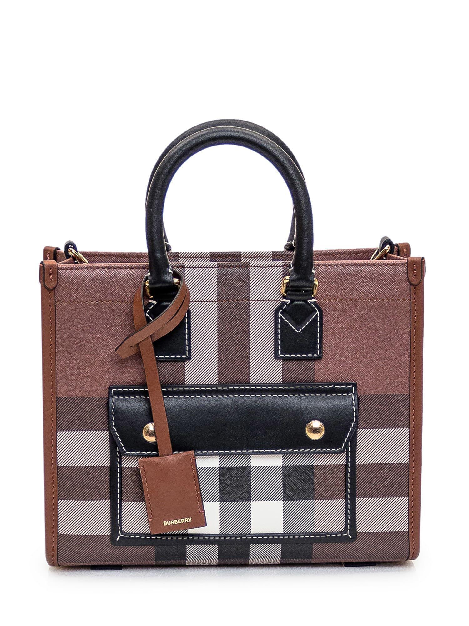 BURBERRY Mini Check Freya Tote Bag In Dark Birch Brown Check Product Image
