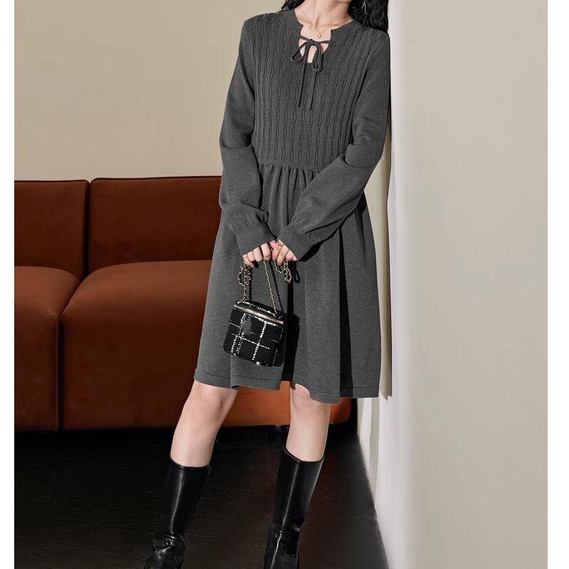 Long Sleeve Tie-Front Plain Knitted Mini A-Line  Dress Product Image