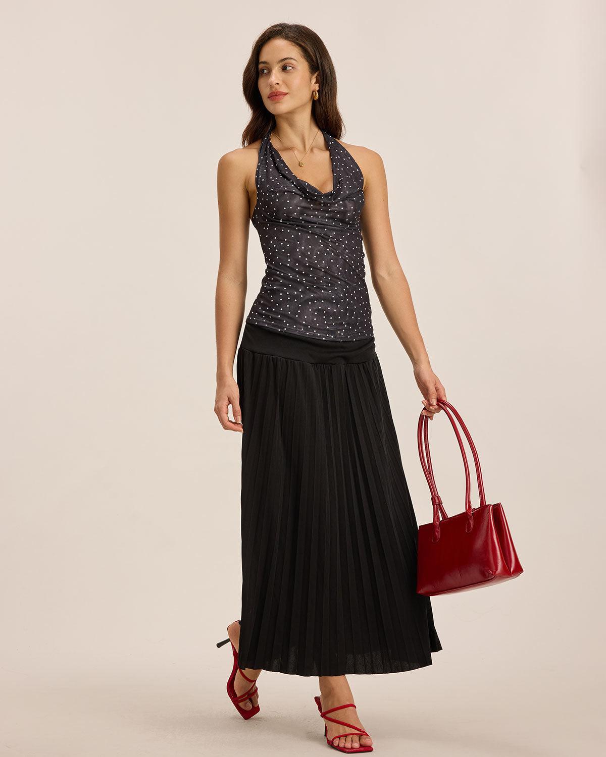 Black Elastic Waist Pleated Midi Skirt Product Image