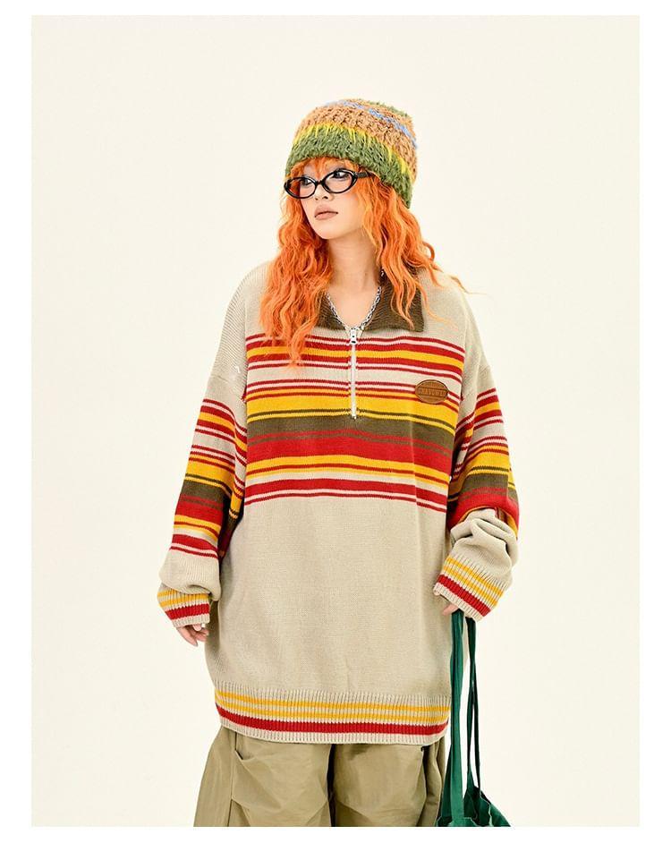 Drop Shoulder Polo Collar Striped Oversized Sweater Product Image