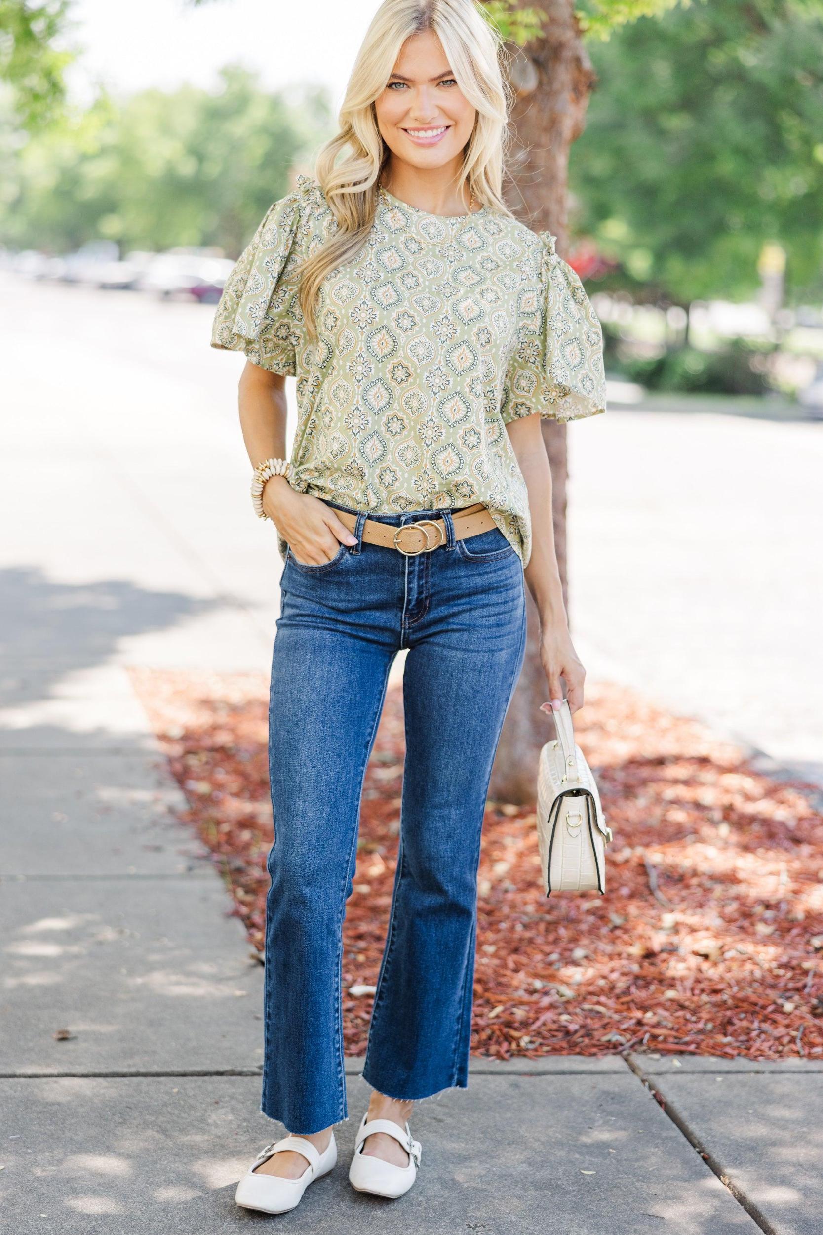 How I Feel Sage Green Medallion Blouse Female Product Image