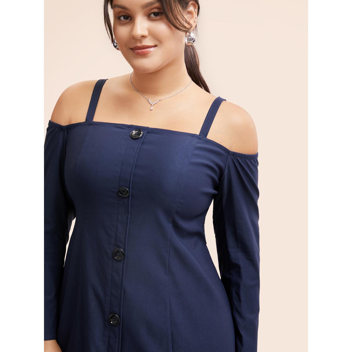 Plus Size Stretch Woven One-Shoulder Midi Dress DarkBlue Women At the Office Button One-shoulder neck Long Sleeve Curvy BloomChic 12/L Product Image