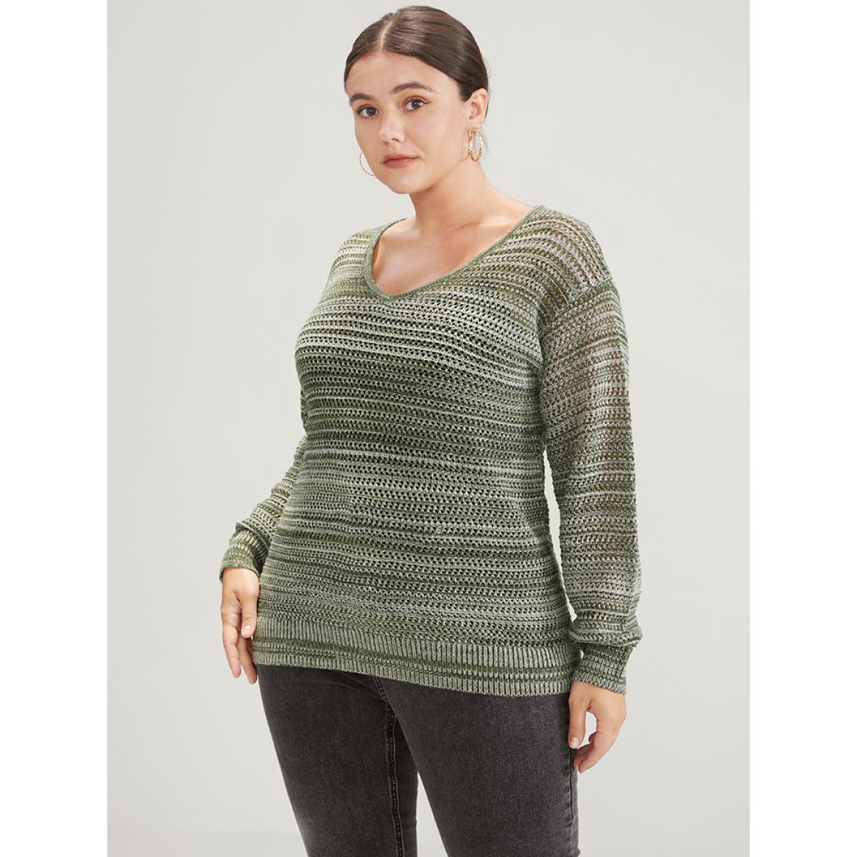 Plus Size Ombre Spacedye Knit V Neck Crochet Knit Top Multicolor Women Casual Loose Long Sleeve V-neck Dailywear Pullovers BloomChic 30/6X Product Image