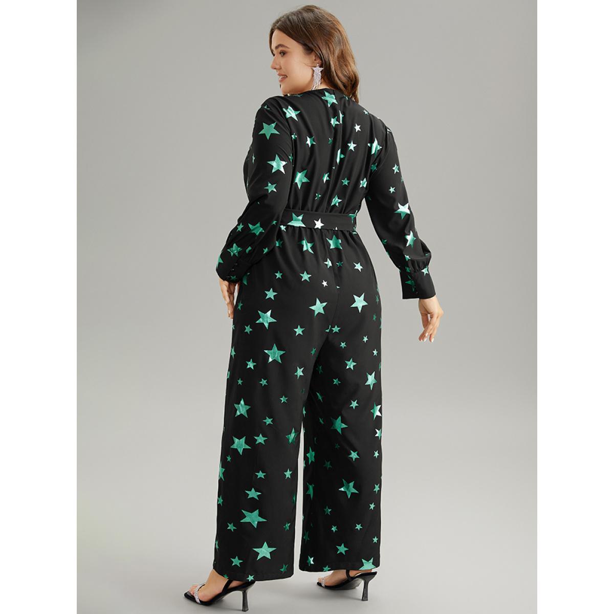 Plus Size Black Star Glitter Belted V Neck Jumpsuit Women Glamour Long Sleeve Overlap Collar Going out Loose Jumpsuits BloomChic 10/M Product Image