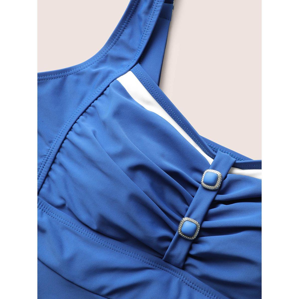 Plus Size Plain Patchwork Ruched Button Detail Swim Dress Women's Swimwear Blue Beach Bodycon Heart neckline High stretch Curve Swim Dresses BloomChic 10/M Product Image