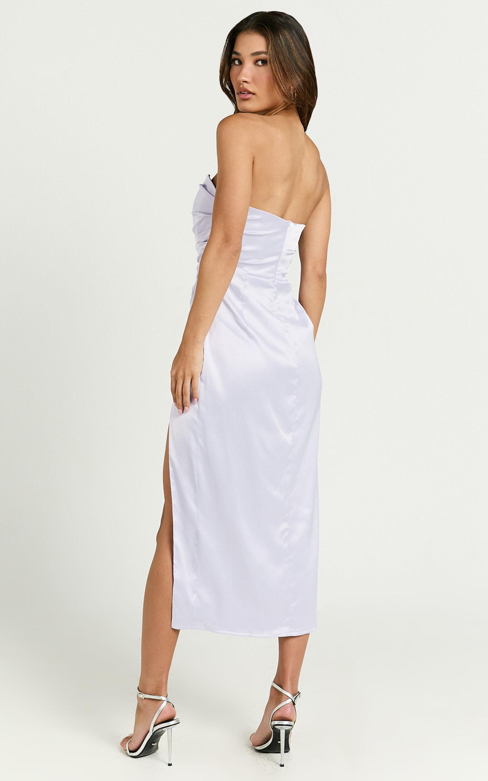 Primrose Midi Dress - Satin Strapless Draped Wrap Skirt Dress in Lilac Product Image