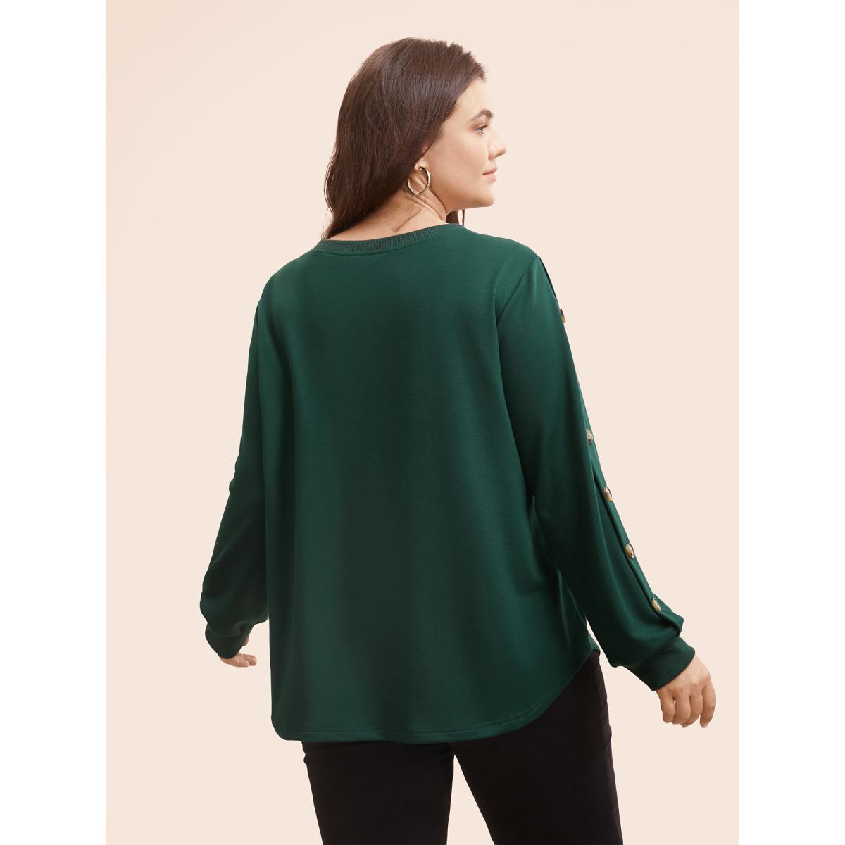 Plus Size Crew Neck Patchwork Button Detail Sweatshirt Women DarkGreen Casual Patchwork Round Neck Everyday Sweatshirts BloomChic 22-24/3X Product Image