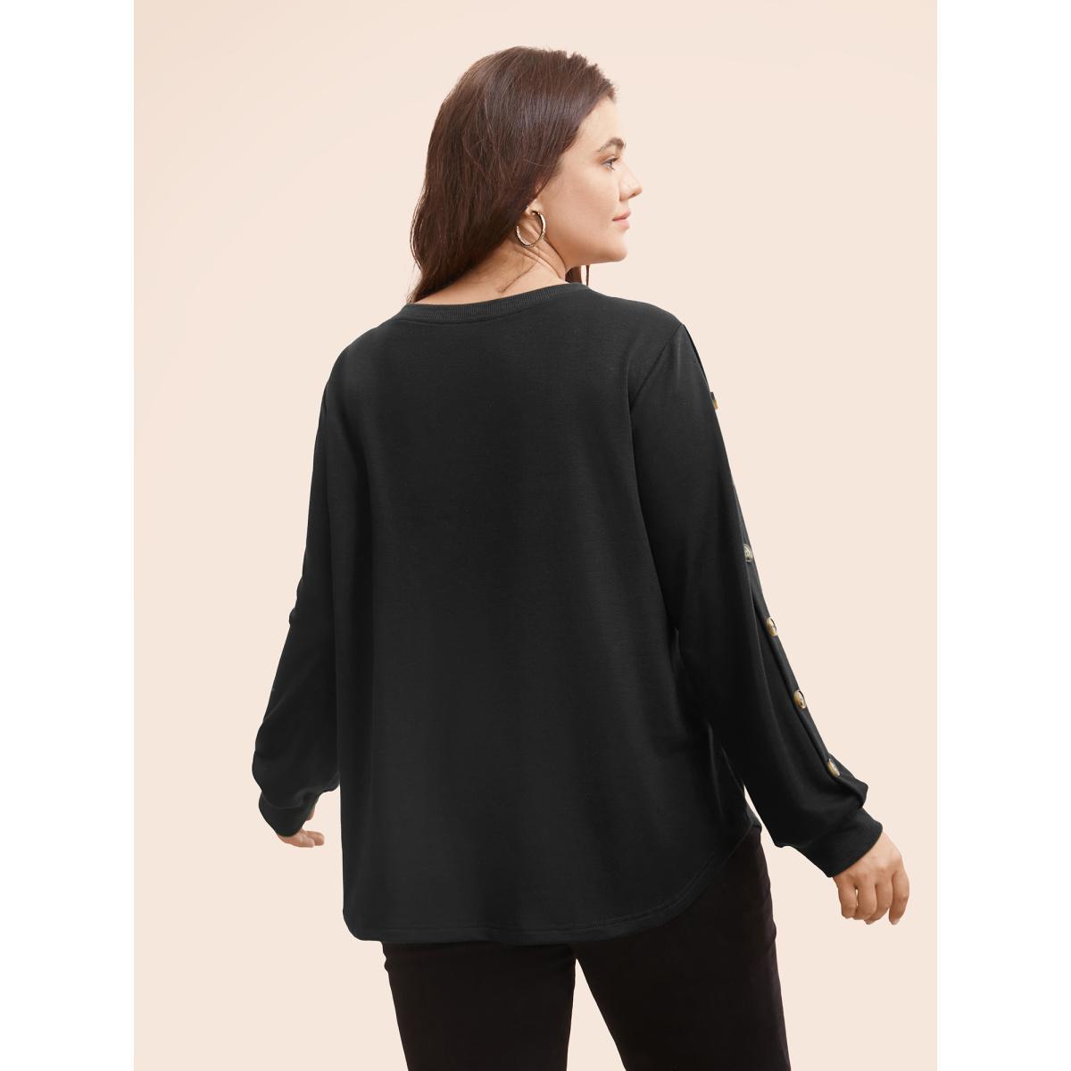 Plus Size Crew Neck Patchwork Button Detail Sweatshirt Women Black Casual Patchwork Round Neck Everyday Sweatshirts BloomChic 12/L Product Image